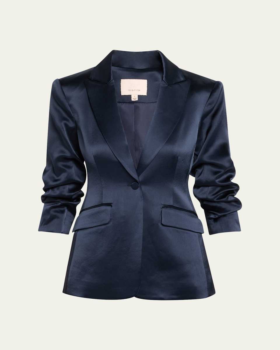 Cheyenne Smooth Satin Scrunched-Sleeve Blazer